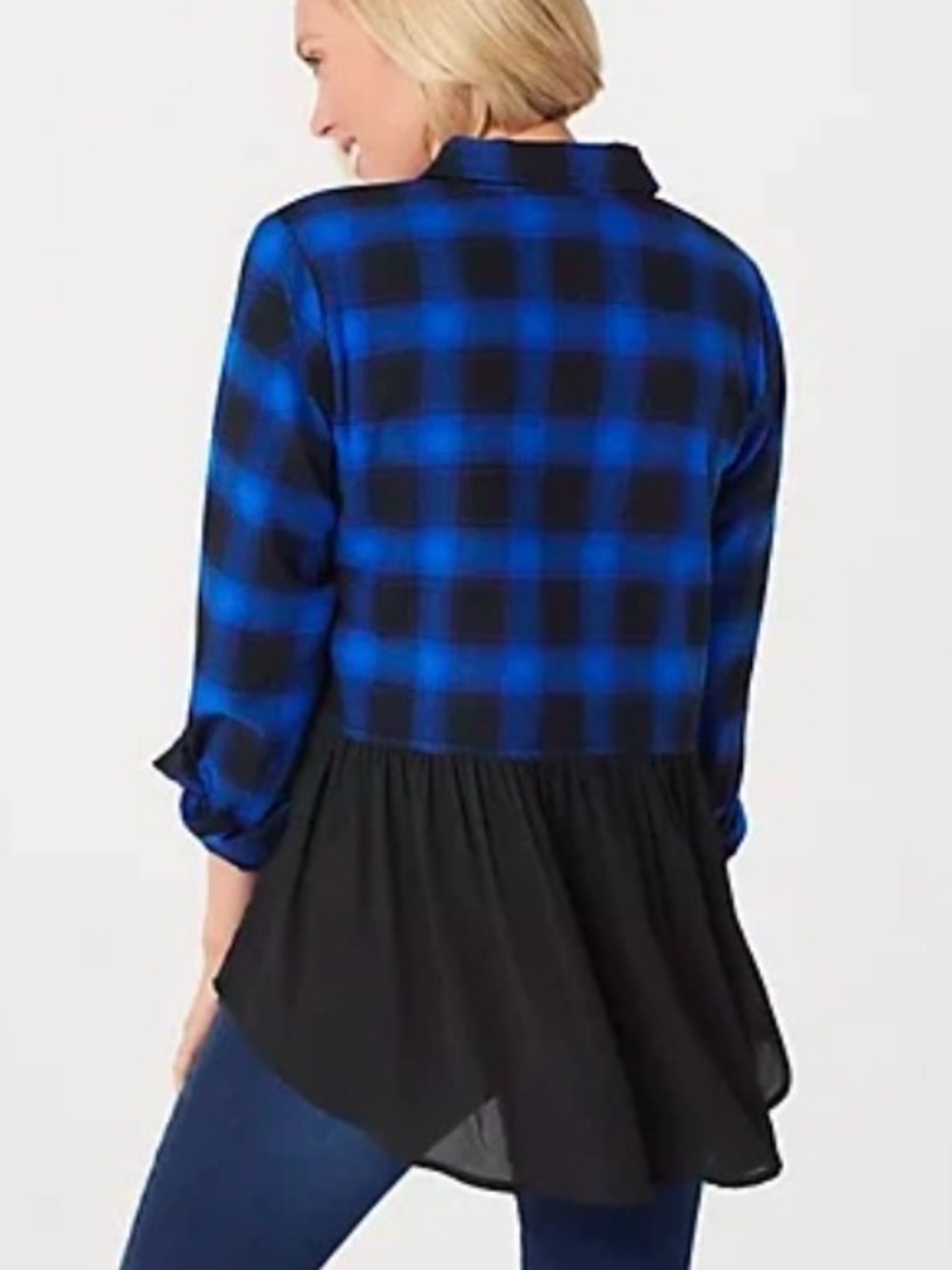 Belle Kim Gravel Ombre blue black buffalo Plaid Chiffon Back Peplum Tunic Top  M